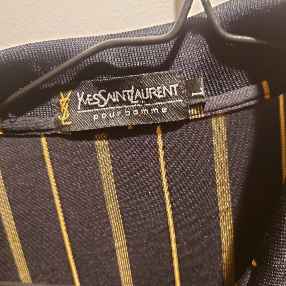 Yves Saint Laurent Silk Navy Blue and Gold Striped Polo - Picture 4 of 6